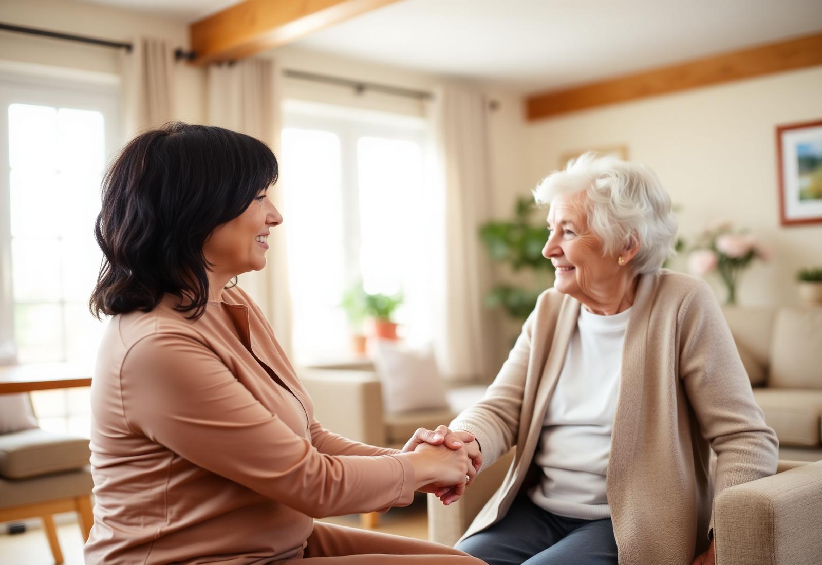 Amy Zhuel meeting with an elderly woman in a warm residential care home